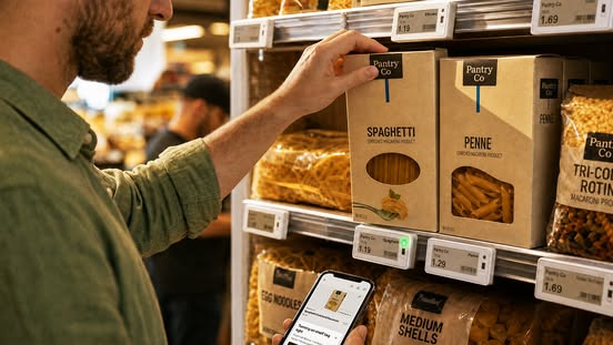 A shopper finding pasta beside illuminated electronic shelf labels